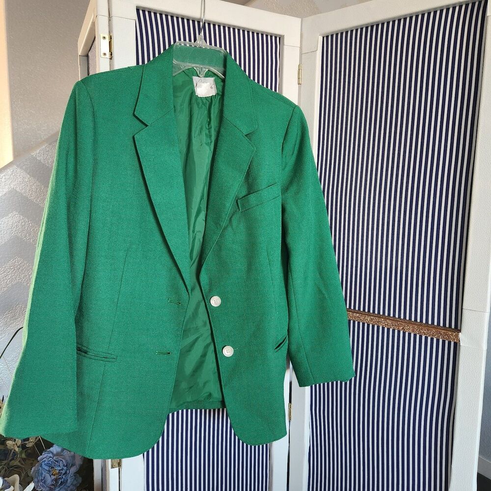 Vintage Pykettes Kelly Green Textured Two Button Blazer Jacket Size 18